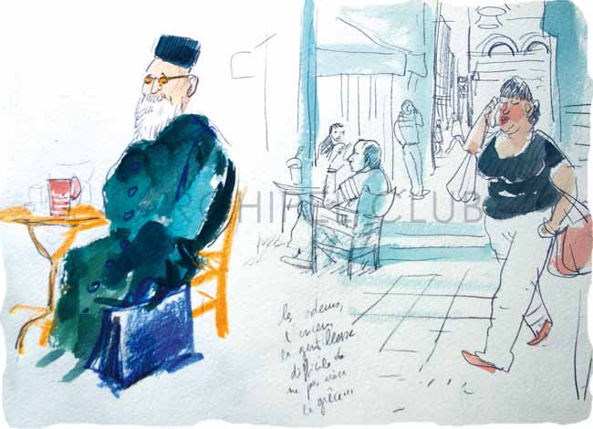 Athènes. Le pope à la malette assis au café est l'image même d'une Grèce où se confondent traditionalisme et modernité.
