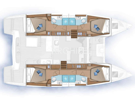 Plan du Lagoon 46: on peut y voir quatre cabines doubles chacune avec salle de bain privative. Dans le salon un lit supplémentaire pour deux personnes peut être déployé. Les quartier de l'équipage (cabines et sanitaires) se trouvent dans les pointes.