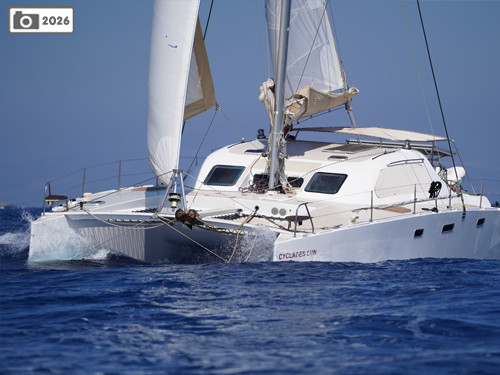 The Punch 41 catamaran is speeding along, all sails set, to everyone's delight.